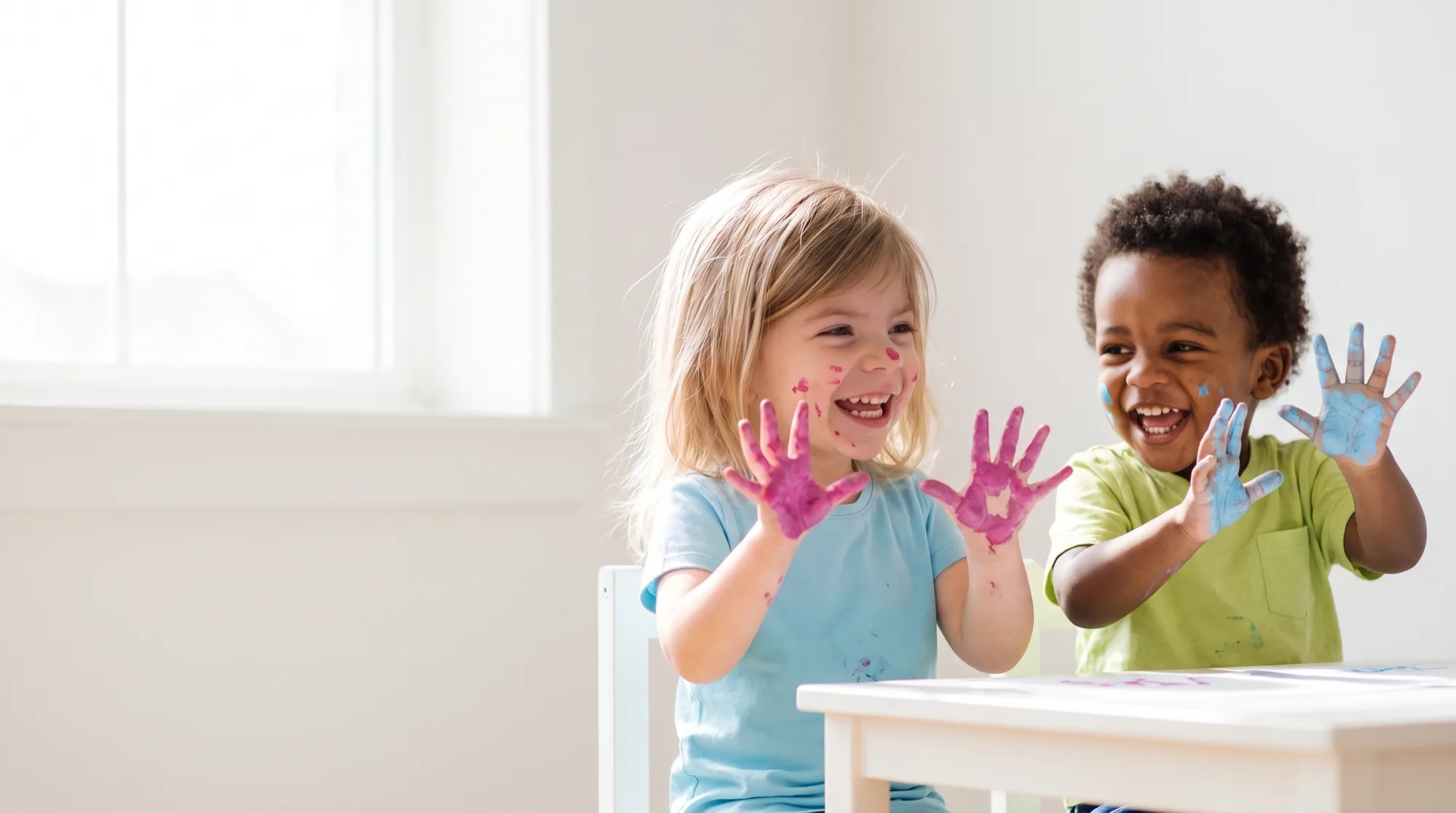 Two smiling toddlers holding up their painted hands