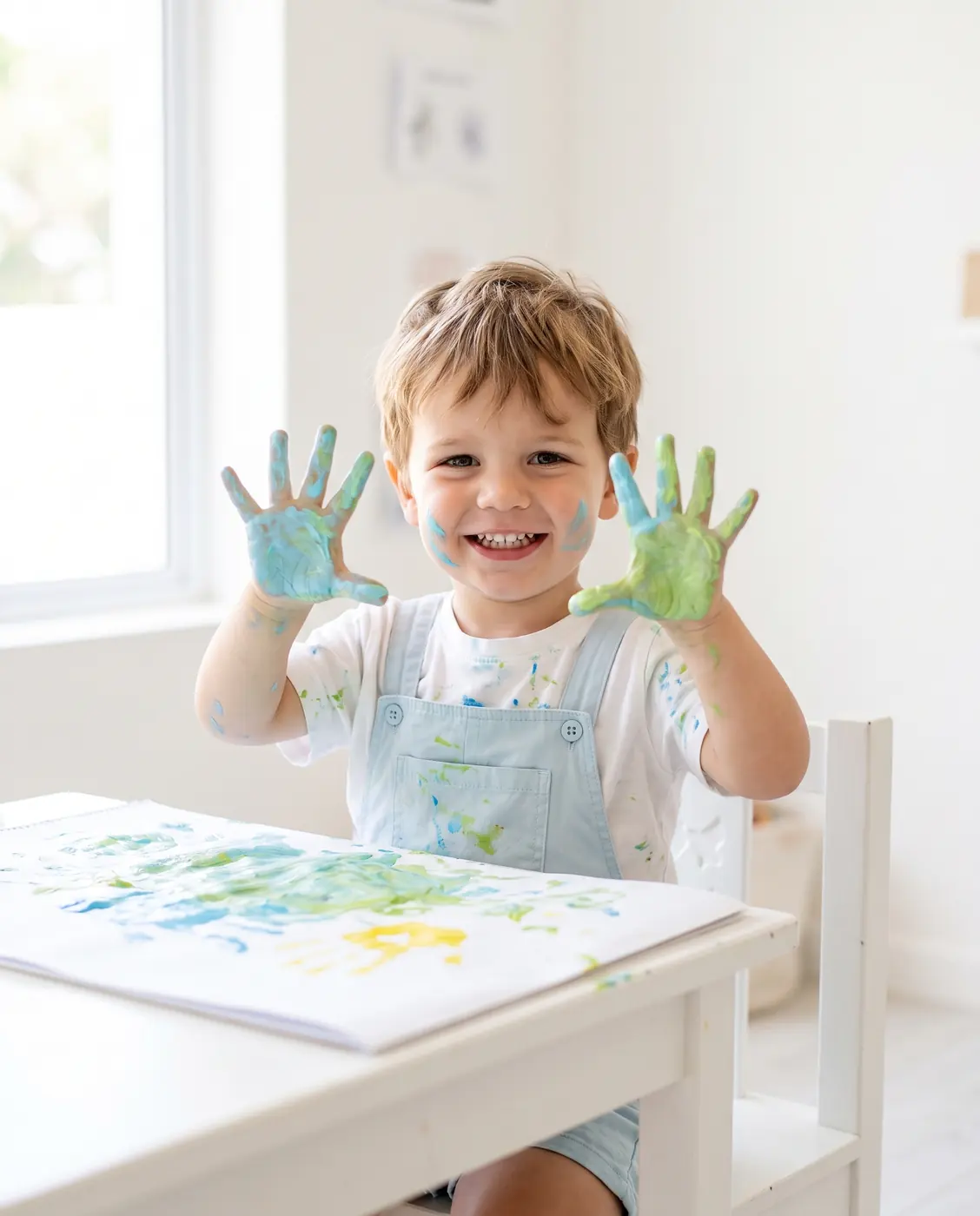 A toddler showing his painted hands